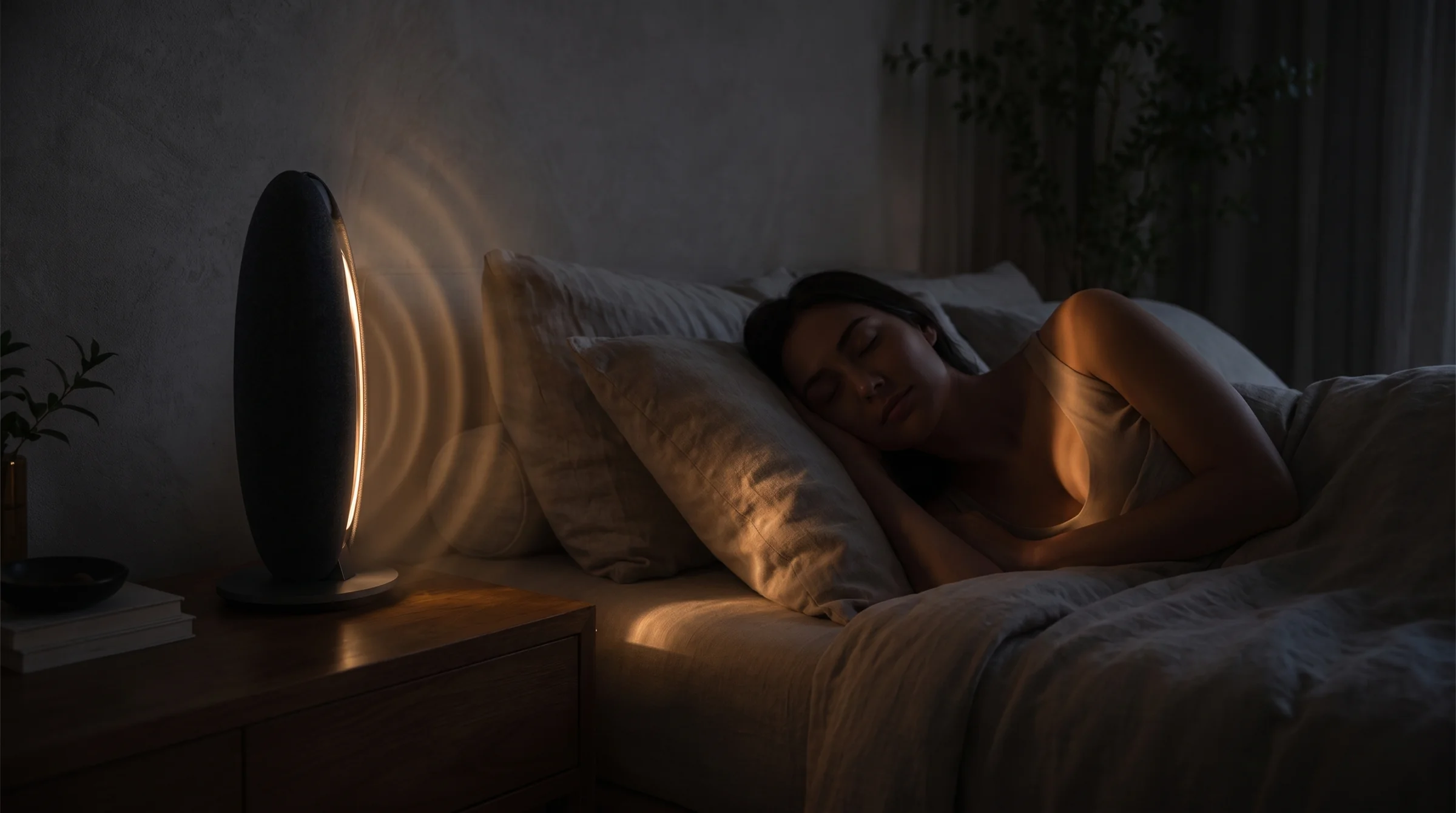 A sleeping person beside a softly glowing LunaWake exhibit, with subtle arcs showing contactless sensing