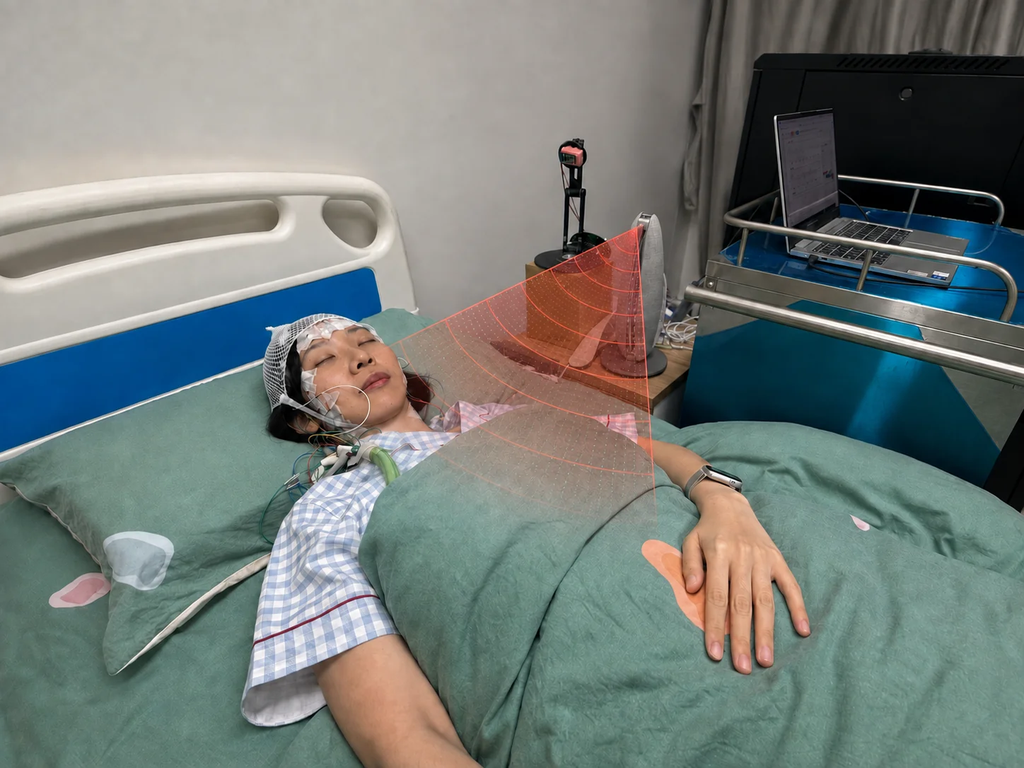 A participant sleeping supine under thick bedding while LunaWake records from the bedside and PSG sensors provide the reference